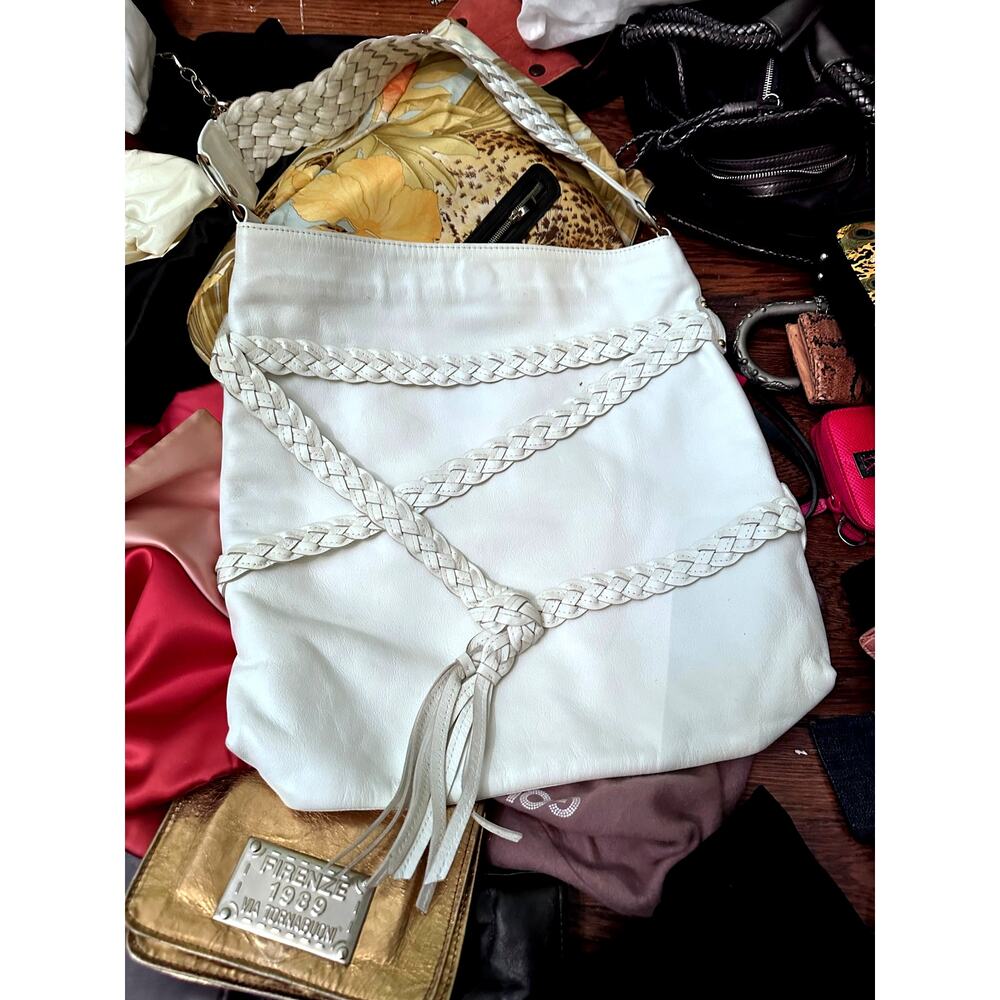 GOLDENBLEU LARGE BOHO WHITE LEATHER BAG BRAIDED TRIM & TASSEL USED 1X